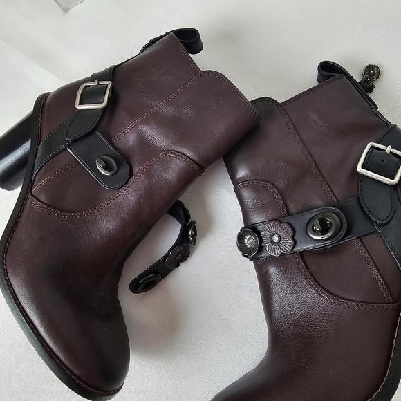 Coach Moto Tea Rose Leather Booties Oxblood Block Heel Ankle Boots Size 6.5 - Picture 7 of 16